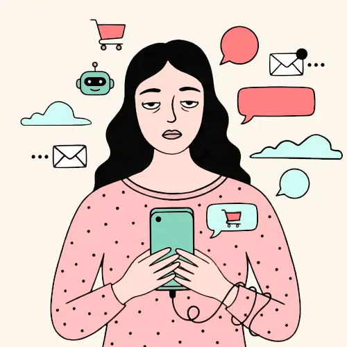 Mujer saturada sosteniendo un móvil rodeada de notificaciones; simboliza adicción o dependencia digital.
