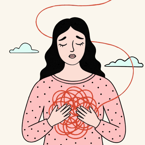 Ilustración para la página de apego y relaciones afectivas. Representa el nudo emocional y los patrones que se repiten en las relaciones, así como el trabajo terapéutico para darles sentido, regular emociones y crear vínculos más sanos. Terapia presencial en Zaragoza y online.