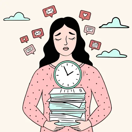 Mujer agobiada sujetando una pila de papeles con un reloj encima, rodeada de iconos de mensajes y notificaciones; representa ansiedad y estrés laboral.