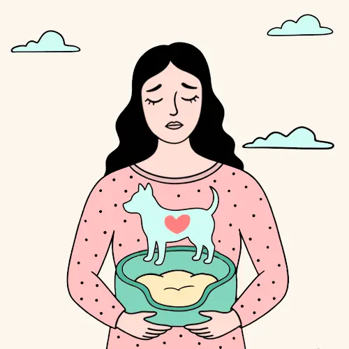Mujer triste sosteniendo un cuenco y la silueta de un perro con un corazón; representa el duelo por la pérdida de una mascota.