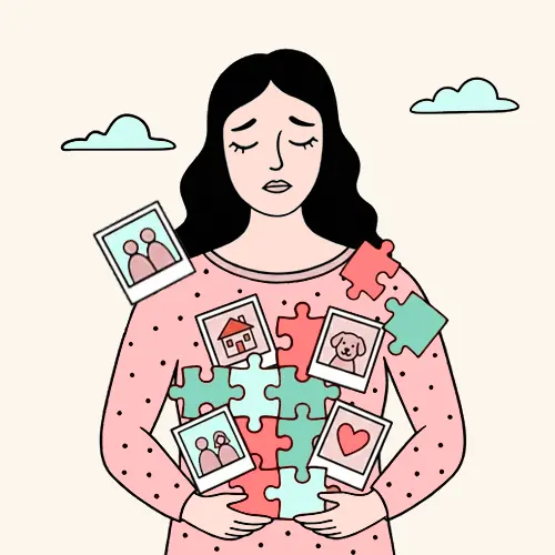 Mujer con expresión serena y triste sosteniendo piezas de puzle y pequeñas fotos; simboliza recuerdos que se integran en terapia EMDR.