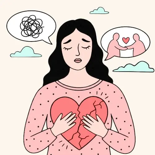 Mujer sosteniendo un corazón que se repara y dos burbujas de diálogo; simboliza terapia de pareja para mejorar la comunicación y reconectar.