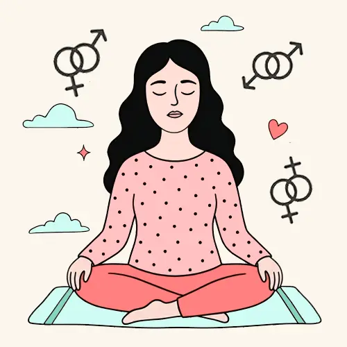 Ilustración de una mujer meditando con símbolos de sexualidad y diversidad alrededor, para la página de terapia sexual.