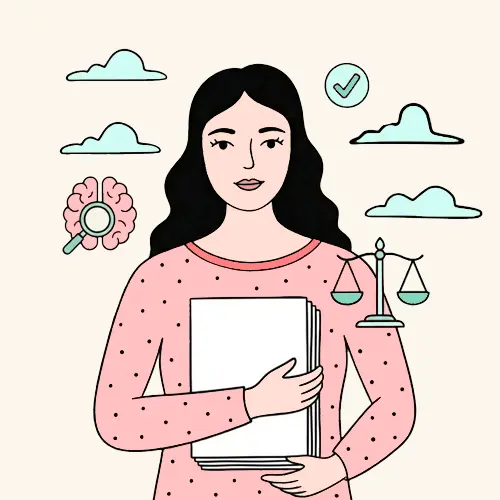 Ilustración de una psicóloga con un informe y símbolos de evaluación y justicia (lupa, cerebro y balanza), para psicología jurídica y forense.