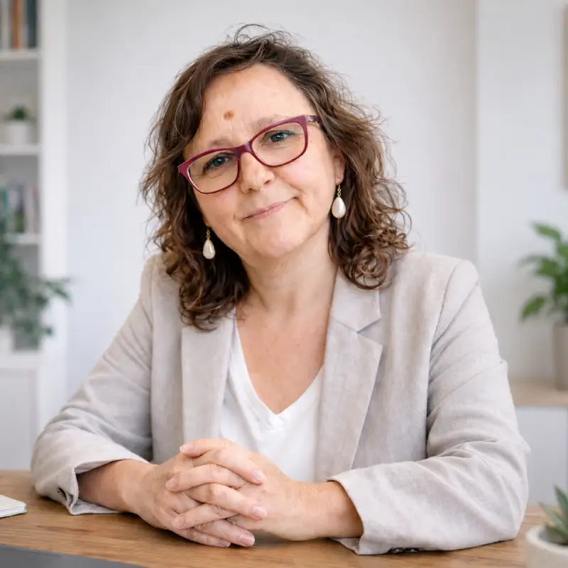 Retrato profesional de Pilar López, psicóloga sanitaria y forense en Zaragoza, sentada en un despacho.